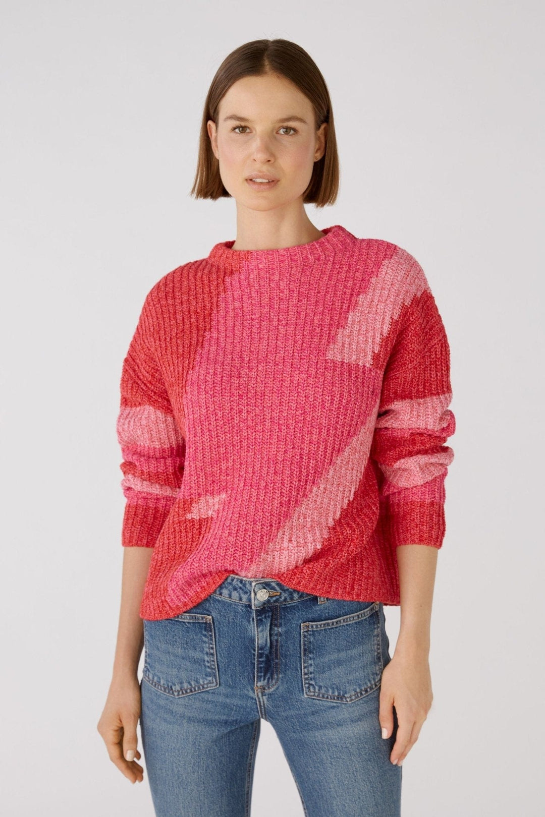 Oui Block Line Knitted Jumper In Red & Coral - Crabtree Cottage