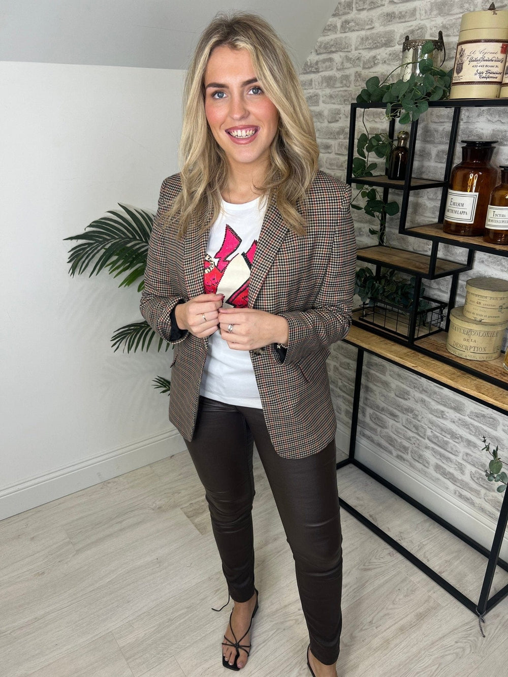 Oui Checked Single Breast Blazer In camel & red - Crabtree Cottage
