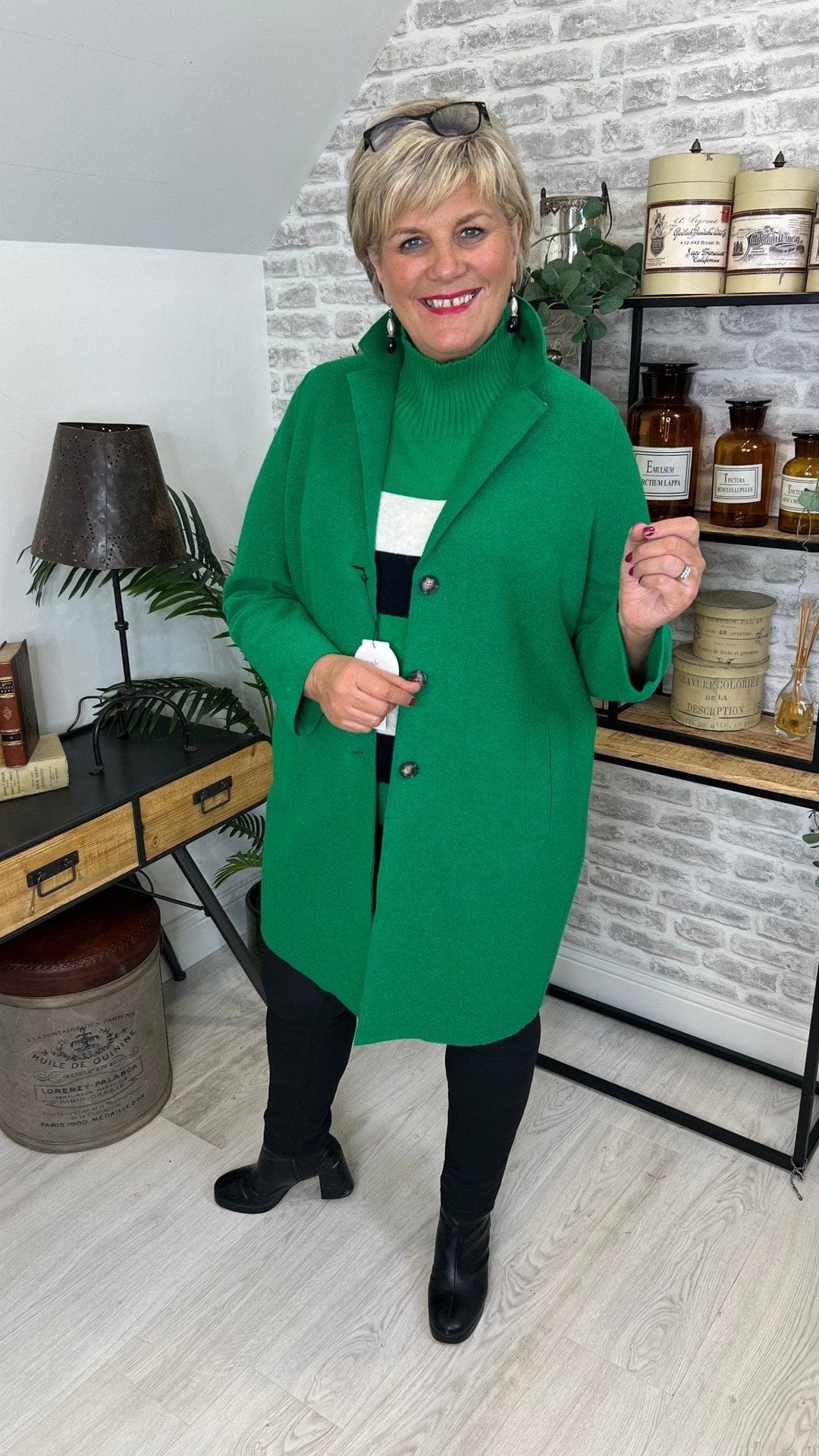 Oui Mayson Boiled Wool Coat In Green - Crabtree Cottage