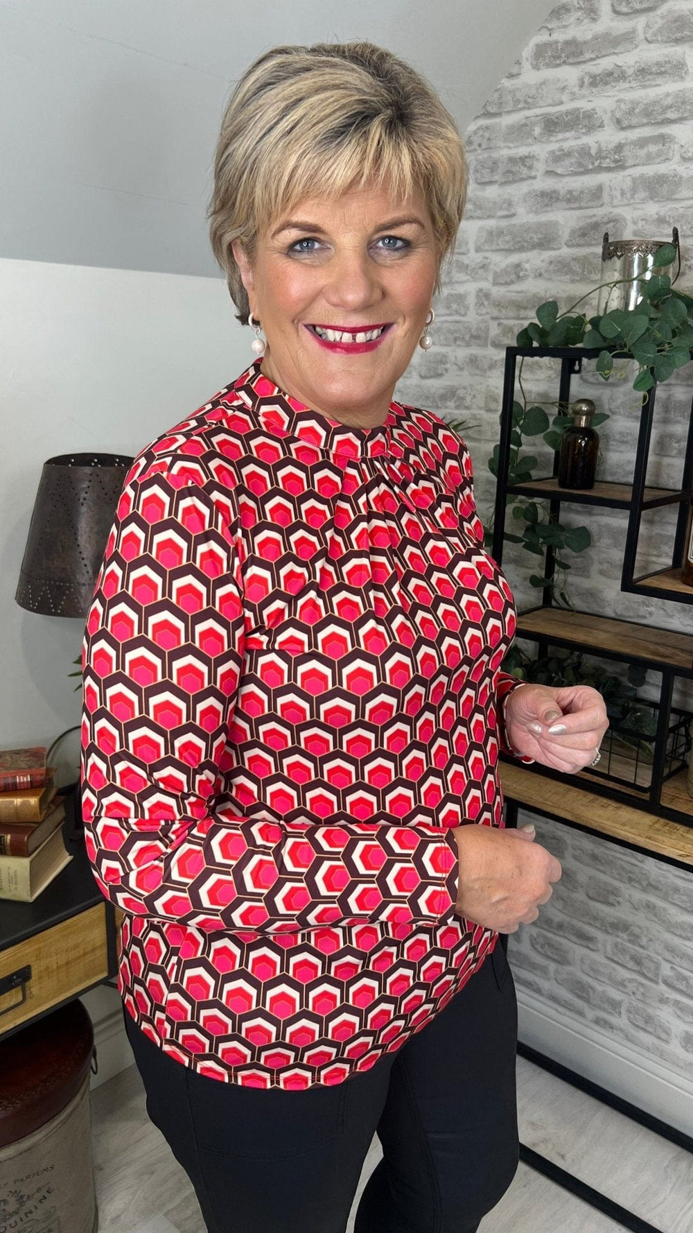Oui Patterned Blouse With Round Neck In Deep Coral Mix - Crabtree Cottage