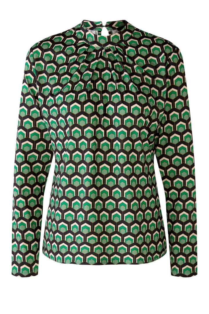 Oui Patterned Blouse With Round Neck In Green Mix - Crabtree Cottage