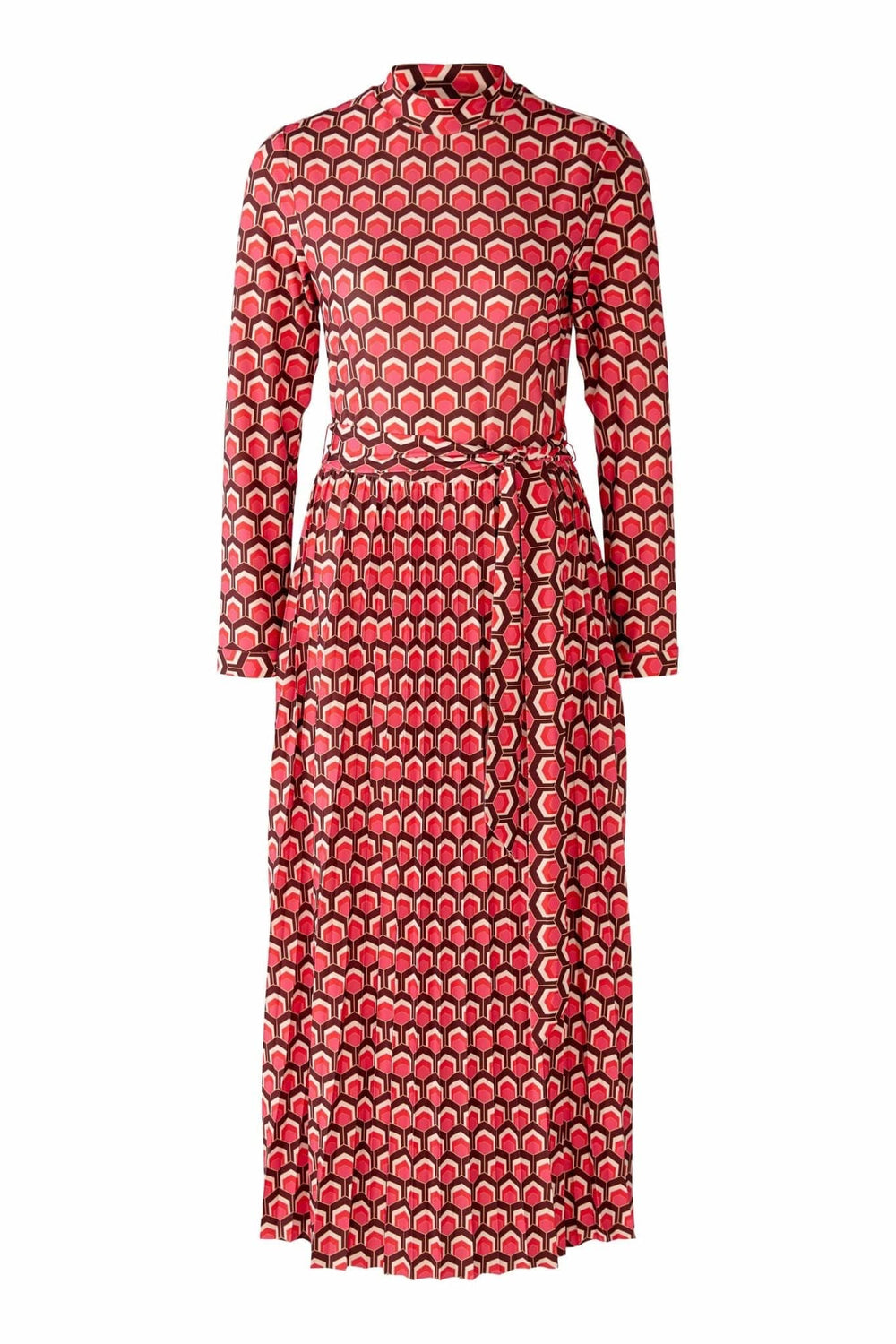 Oui Patterned Dress With Belt In Deep Coral Mix - Crabtree Cottage