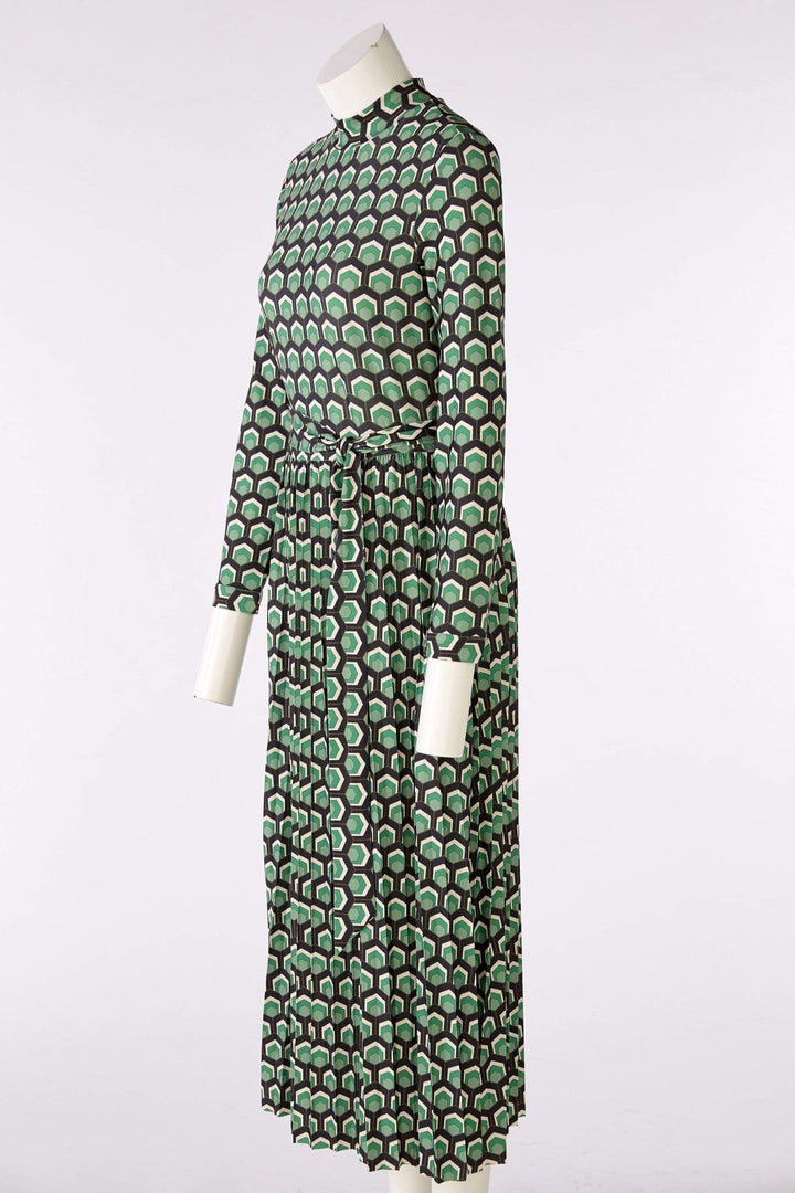 Oui Patterned Dress With Belt In Green Mix - Crabtree Cottage