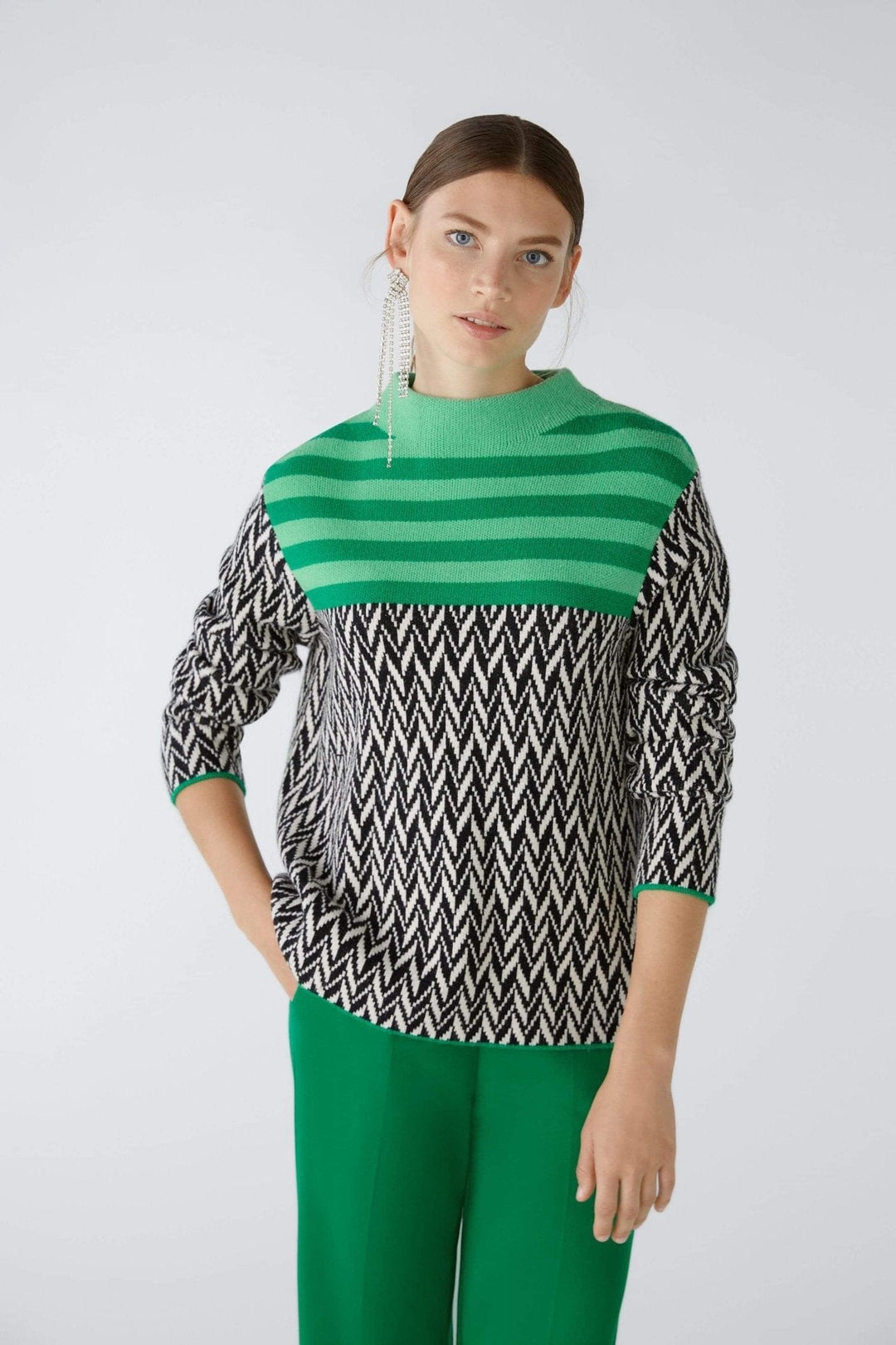 Oui patterned Knitted Jumper In Green & Black - Crabtree Cottage