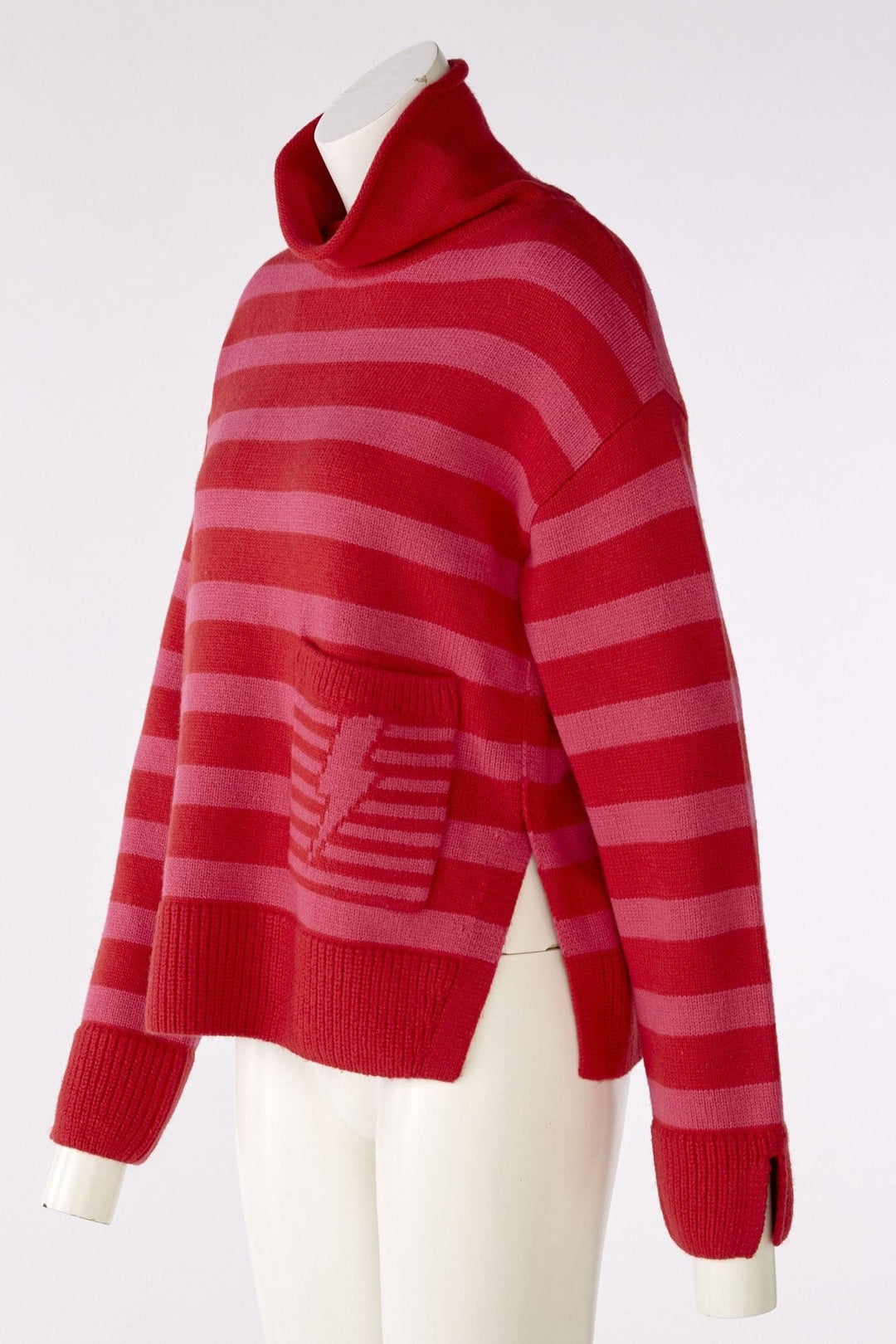 Oui Stripped Cowl Neck Knitted Jumper In Red & Coral - Crabtree Cottage