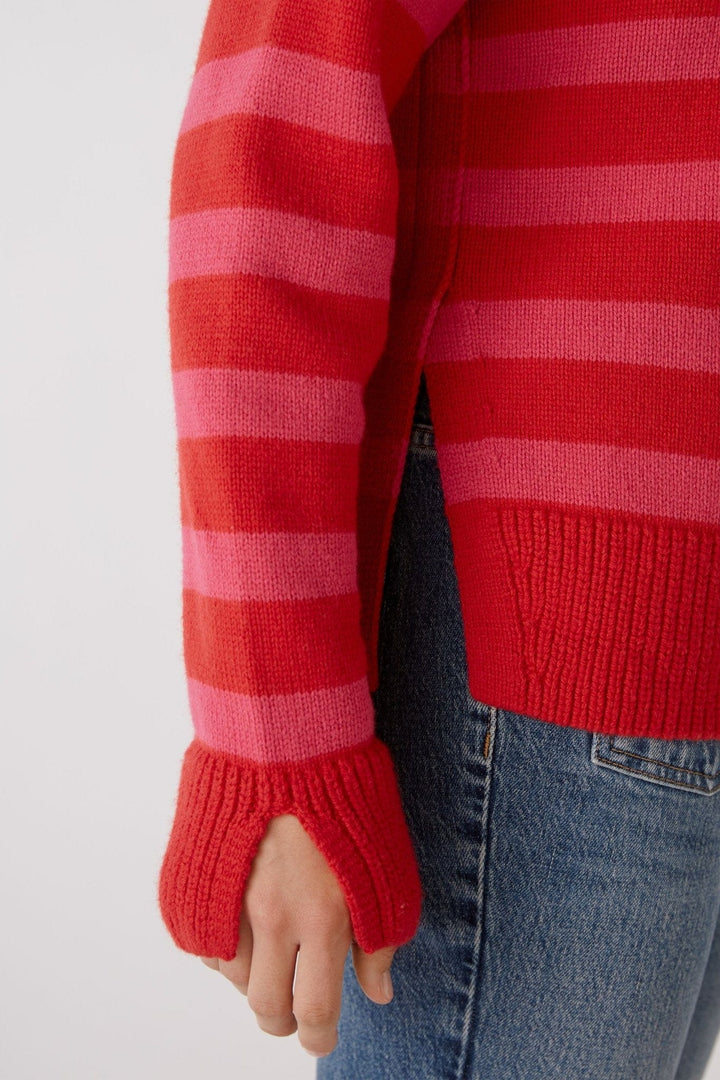 Oui Stripped Cowl Neck Knitted Jumper In Red & Coral - Crabtree Cottage