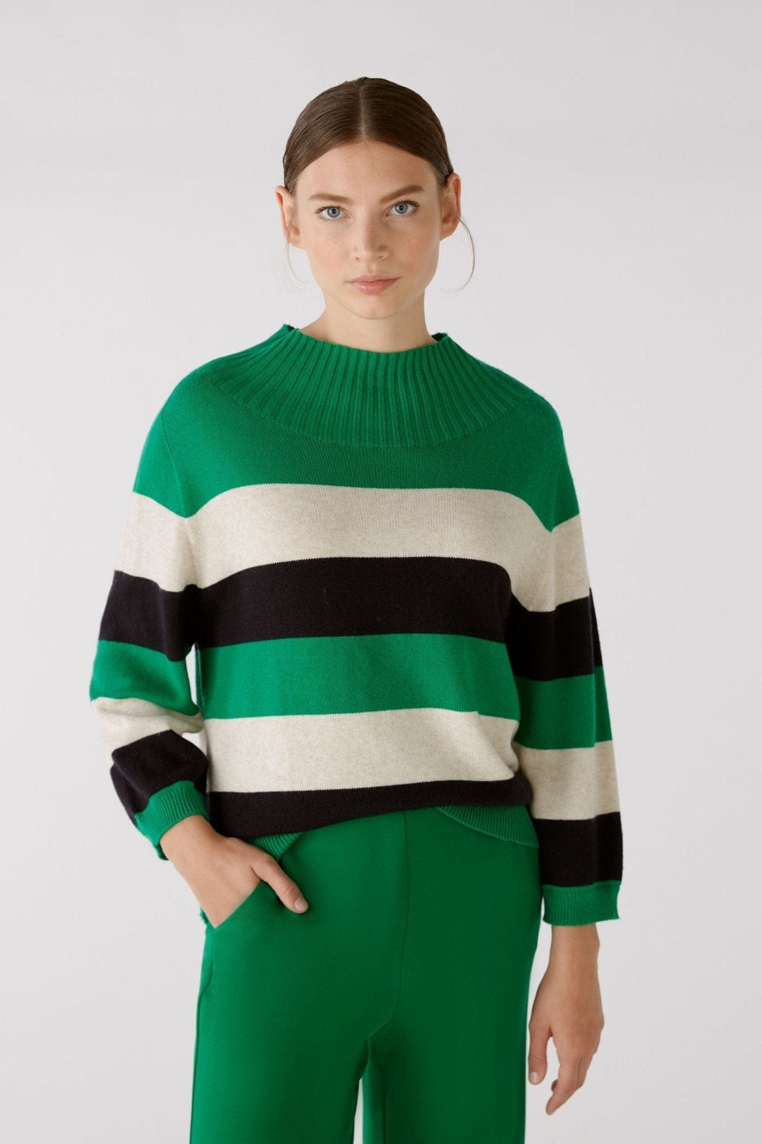 Oui Stripped turtle Neck Knitted Jumper In Green & Black Multi - Crabtree Cottage