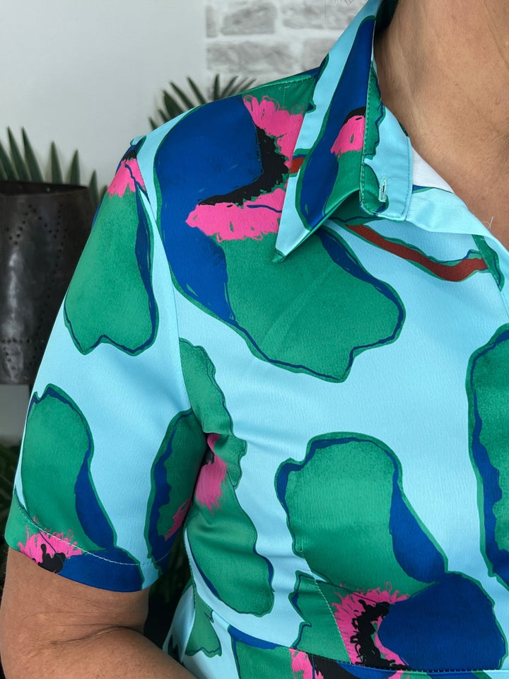 Peruzzi Floral Print Button Dress In Aqua - Crabtree Cottage