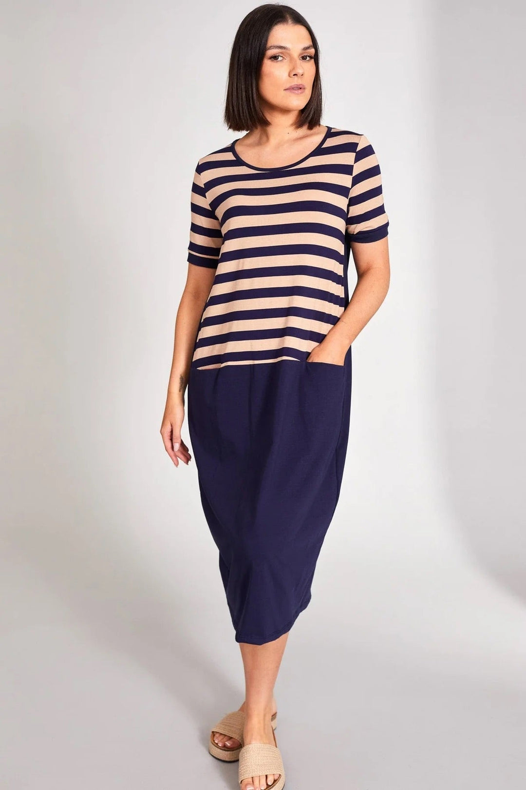 Peruzzi Stripe Dress With Contrast Pocket In Navy Multi - Crabtree Cottage
