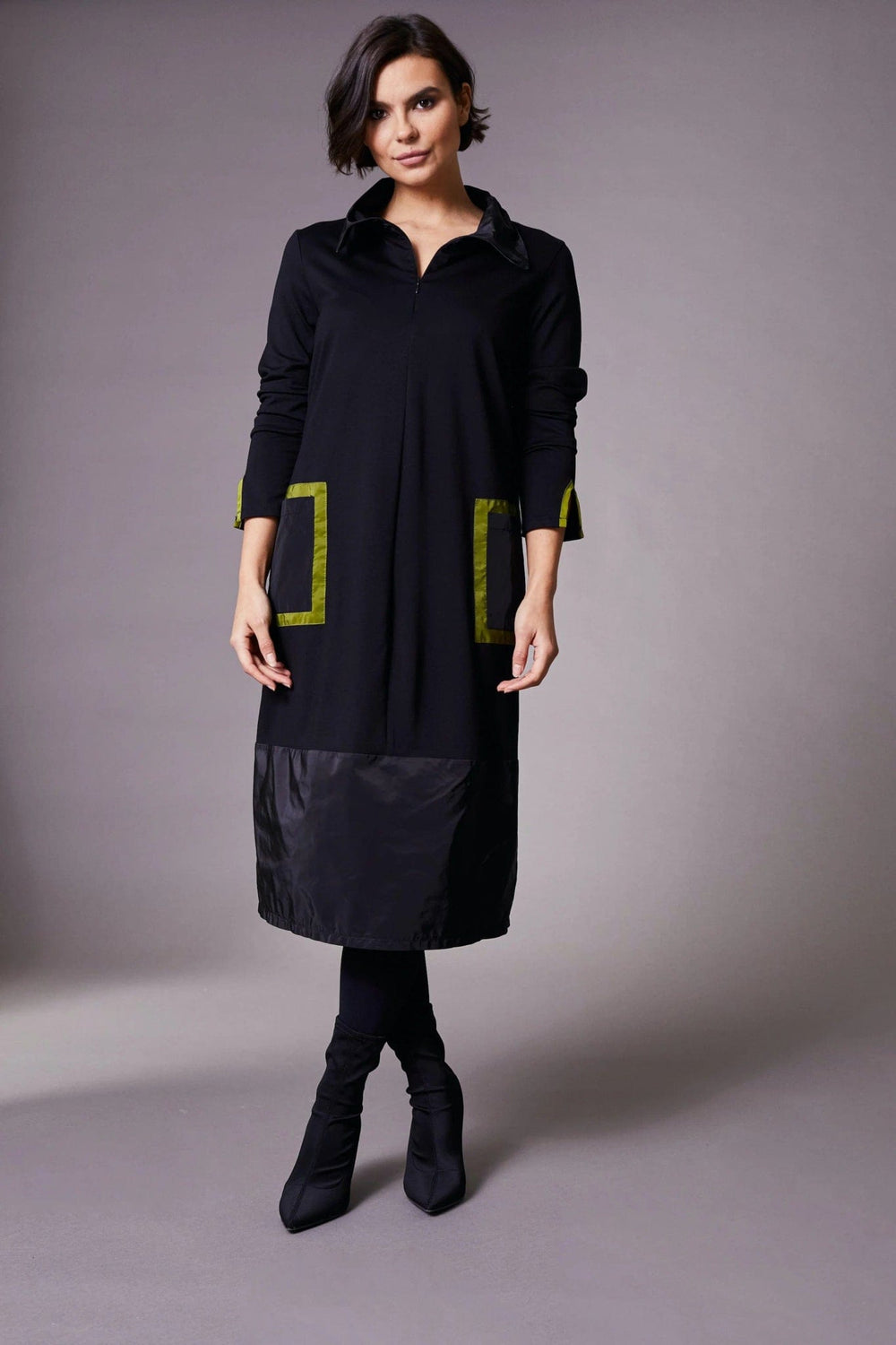 Peruzzi Taffeta Pocket Dress In Black/Kiwi - Crabtree Cottage