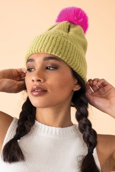 Powder Ingrid Knitted Pompom Hat In Lime & Fuchsia - Crabtree Cottage