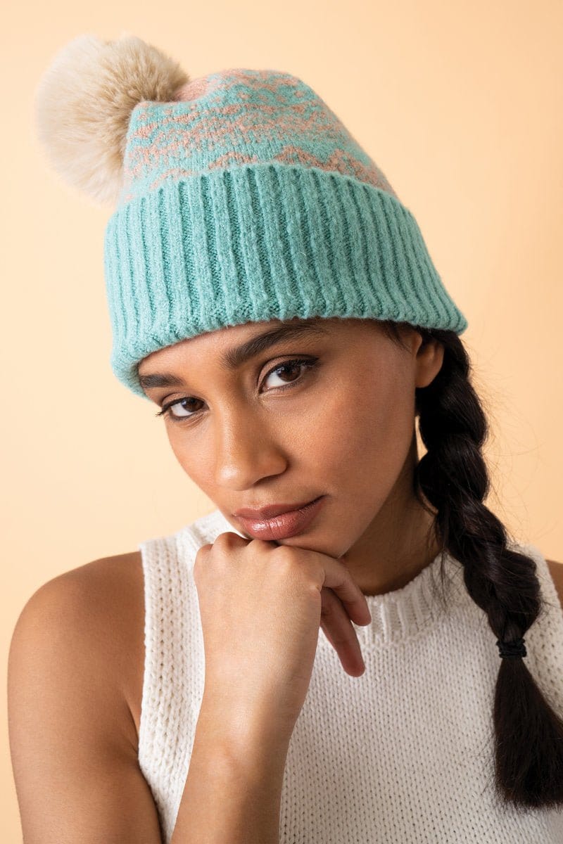 Powder Thora Knitted Pompom Hat In Aqua & Taupe - Crabtree Cottage