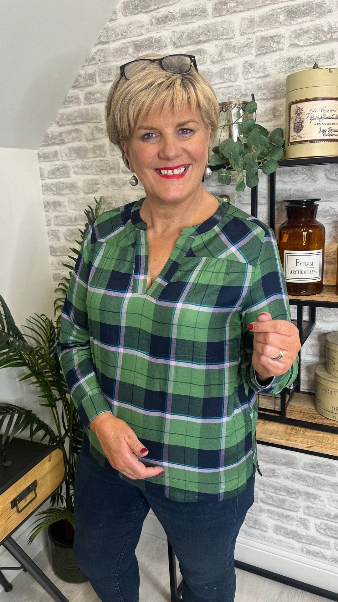 Street One Split Neck Blouse In Green & Navy - Crabtree Cottage