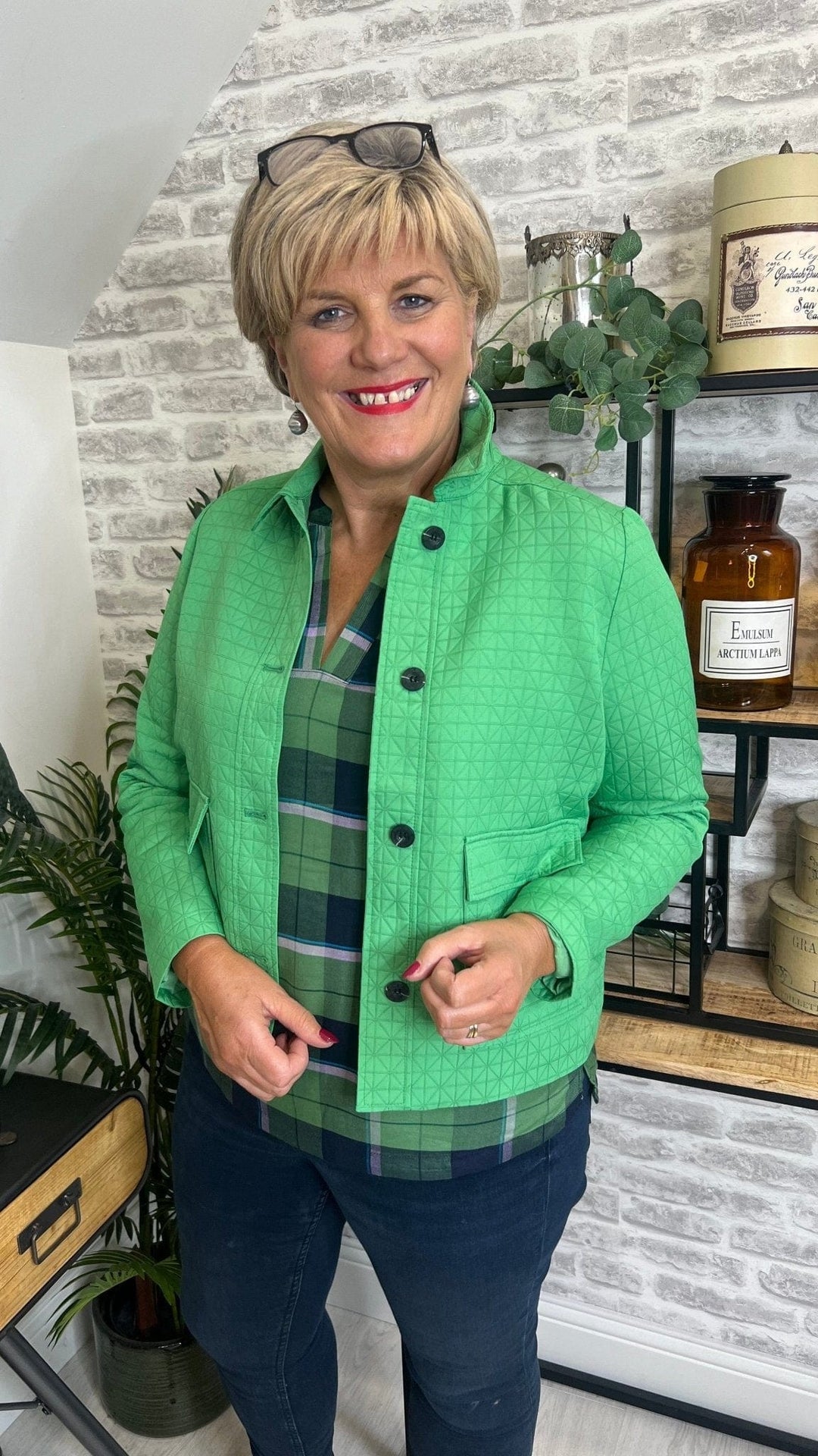 Street One Split Neck Blouse In Green & Navy - Crabtree Cottage