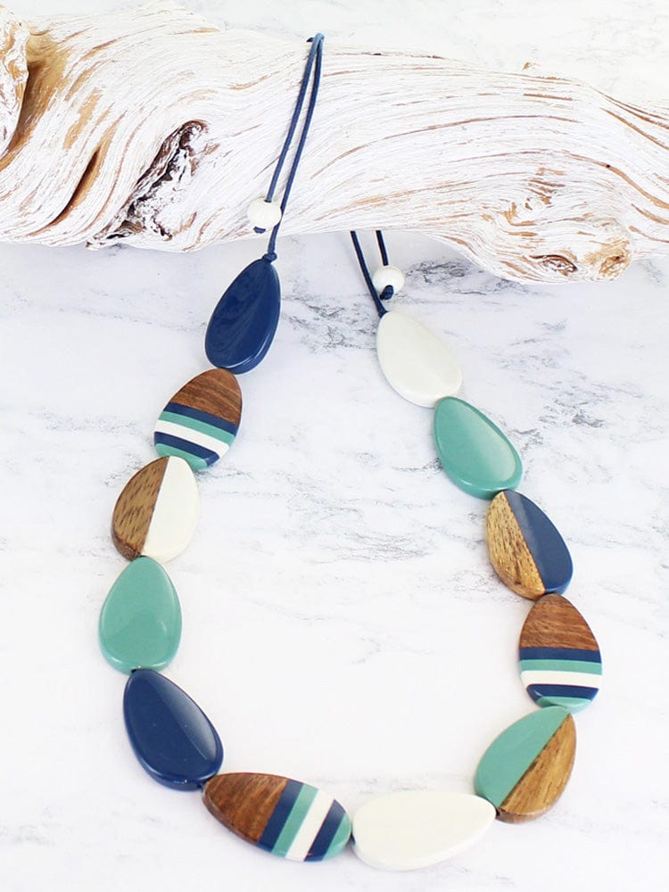 Suzie Blue Resin & Wood Oval Pebble Necklace