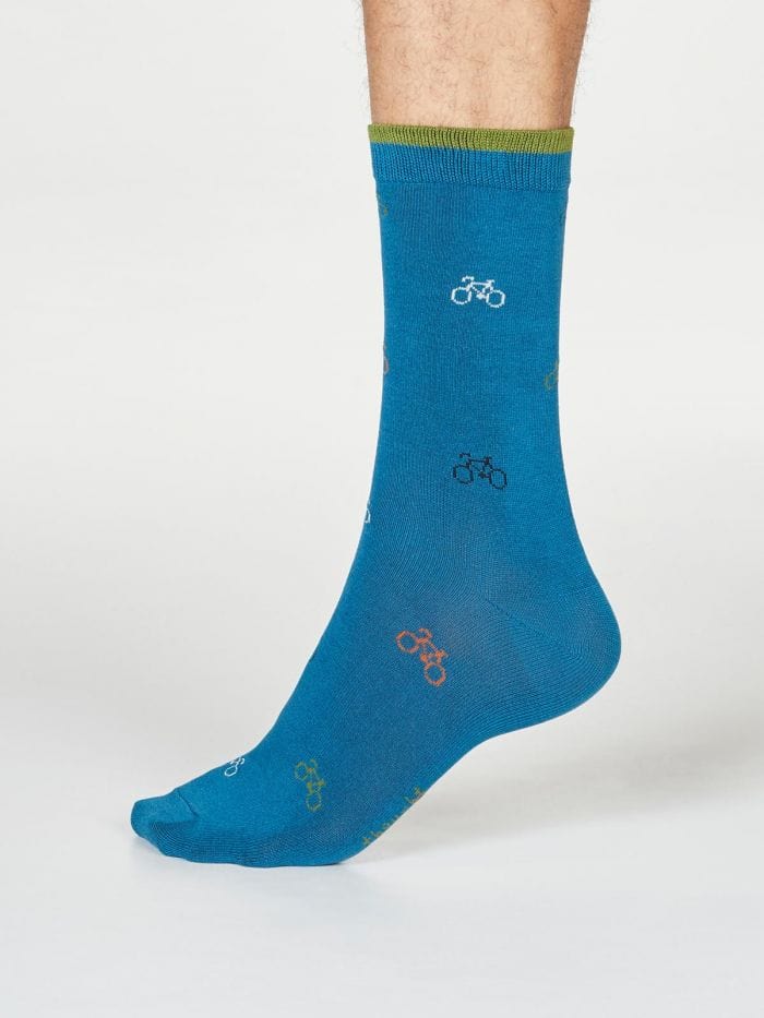 Thought Fergus Ink Blue Bicycle Bamboo Organic Cotton Socks - Crabtree Cottage